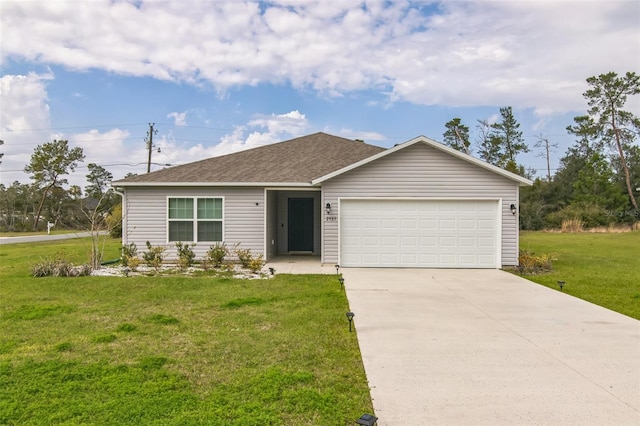 single story home with a garage, a shingled roof, a front lawn, and concrete driveway