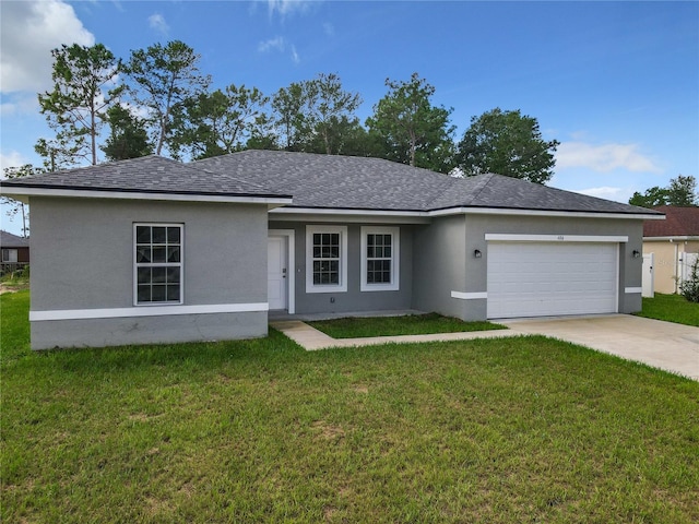 ranch-style home featuring a garage, driveway, stucco siding, roof with shingles, and a front yard