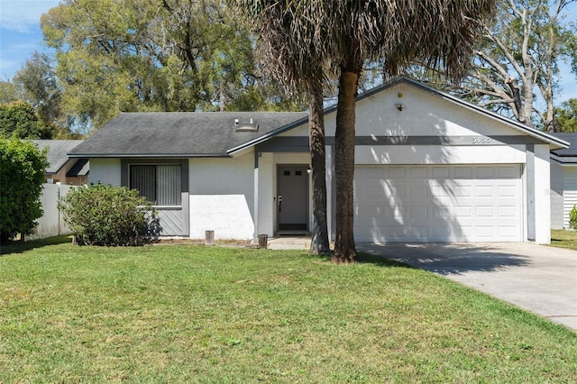 ranch-style home with a garage, concrete driveway, stucco siding, fence, and a front yard