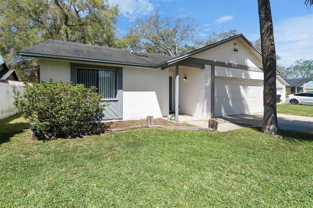 ranch-style house with a garage, driveway, stucco siding, fence, and a front yard