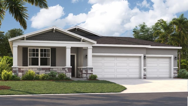 craftsman inspired home with a garage, a front yard, concrete driveway, and stucco siding