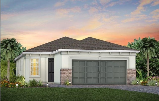 view of front of house with a garage, stone siding, roof with shingles, and stucco siding