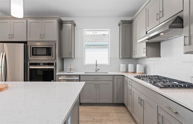 kitchen with under cabinet range hood, stainless steel appliances, a sink, backsplash, and gray cabinets