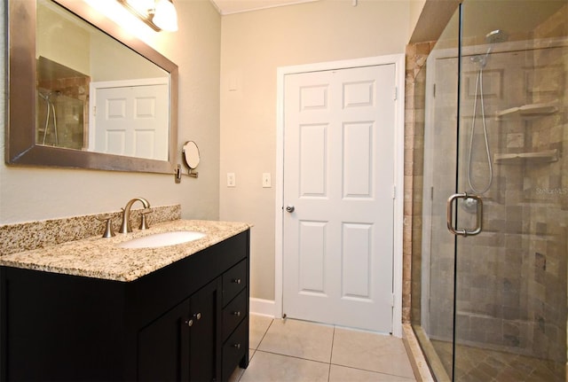 full bathroom featuring a stall shower, vanity, and tile patterned floors