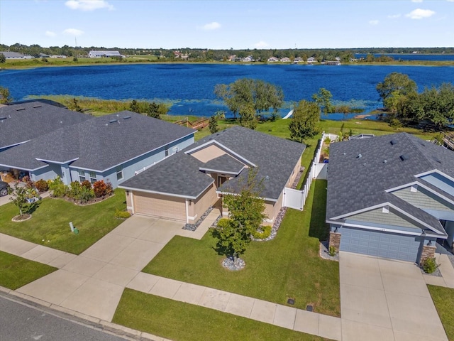 bird's eye view with a water view