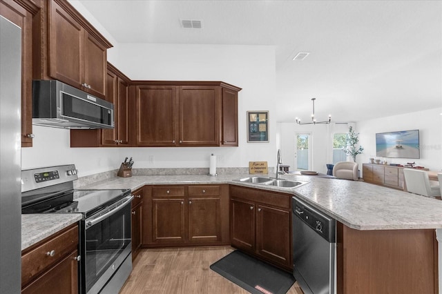 kitchen with visible vents, a peninsula, stainless steel appliances, light countertops, and a sink