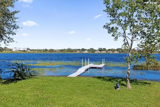 dock area featuring a water view and a lawn