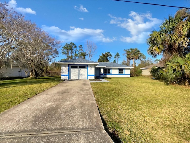 single story home featuring a front yard, an attached garage, driveway, and stucco siding