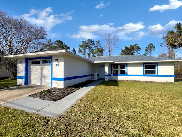 single story home featuring an attached garage, a shingled roof, driveway, stucco siding, and a front lawn