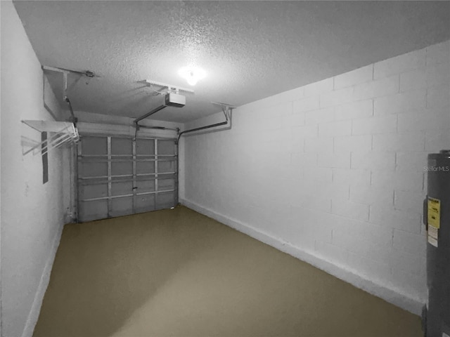 garage with a garage door opener and water heater