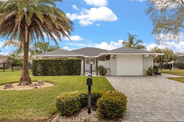 view of front of home with a front lawn, decorative driveway, an attached garage, and fence