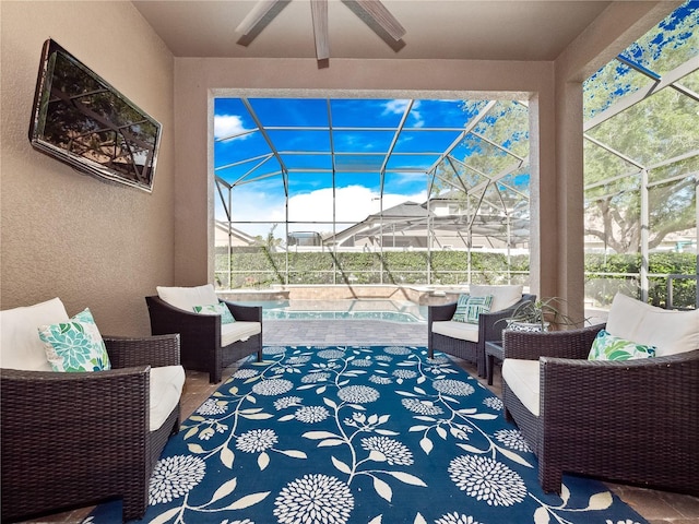 view of patio / terrace with glass enclosure, an outdoor living space, an outdoor pool, and ceiling fan