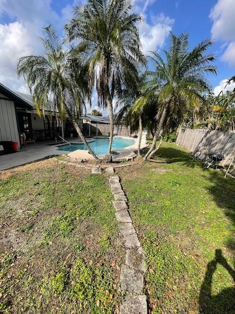 view of pool featuring a fenced in pool, a patio area, a yard, and fence