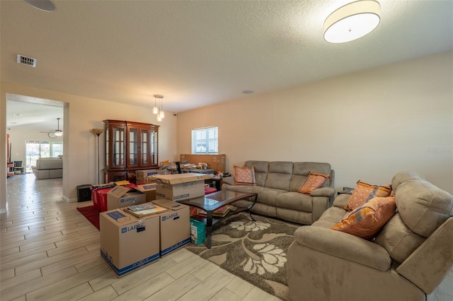 living area featuring a wealth of natural light, visible vents, a textured ceiling, and wood finish floors