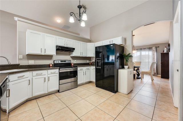 kitchen featuring light tile patterned floors, under cabinet range hood, stainless steel appliances, a sink, and an inviting chandelier