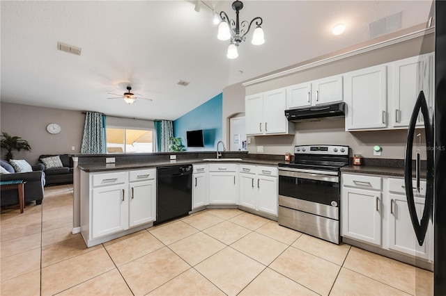 kitchen featuring black dishwasher, electric range, open floor plan, light tile patterned flooring, and under cabinet range hood