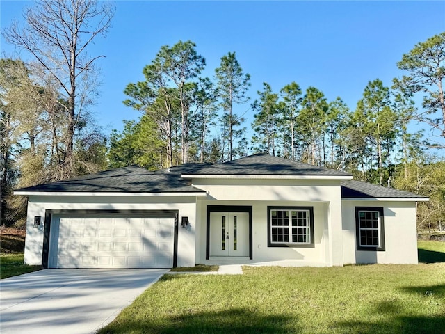 ranch-style home featuring stucco siding, concrete driveway, a garage, and a front yard