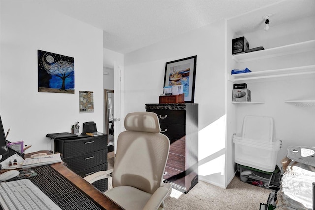 office area with carpet flooring and a textured ceiling