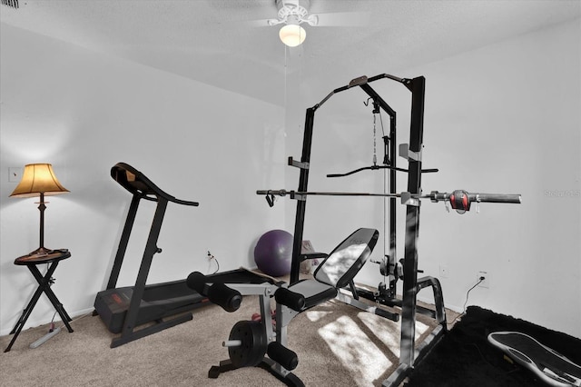 workout area featuring carpet, baseboards, and a textured ceiling