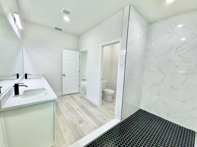 full bathroom with a sink, visible vents, toilet, and double vanity