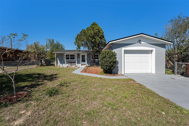 single story home with a garage, concrete driveway, a front yard, and fence