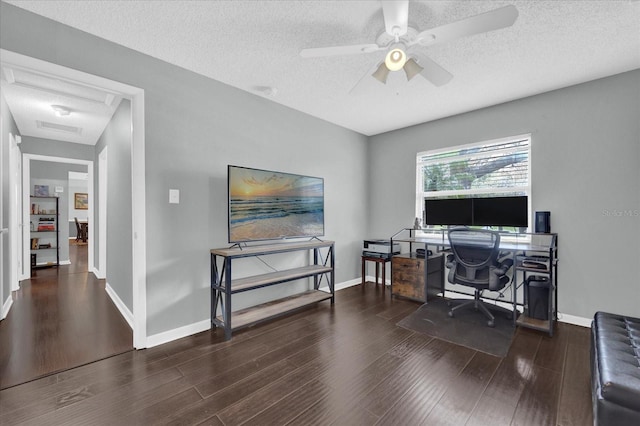 office with ceiling fan, a textured ceiling, baseboards, and wood finished floors