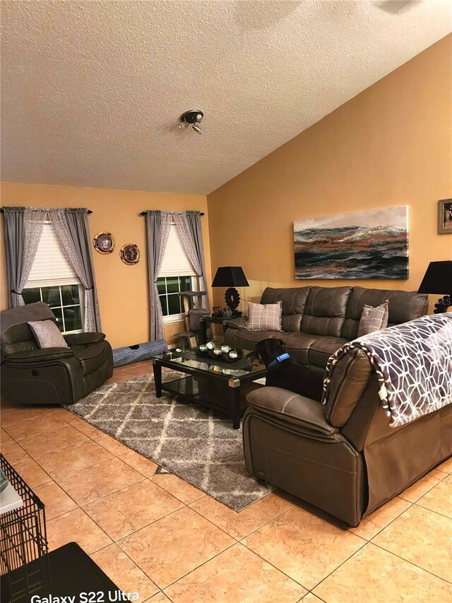 living area featuring lofted ceiling, a textured ceiling, and tile patterned floors