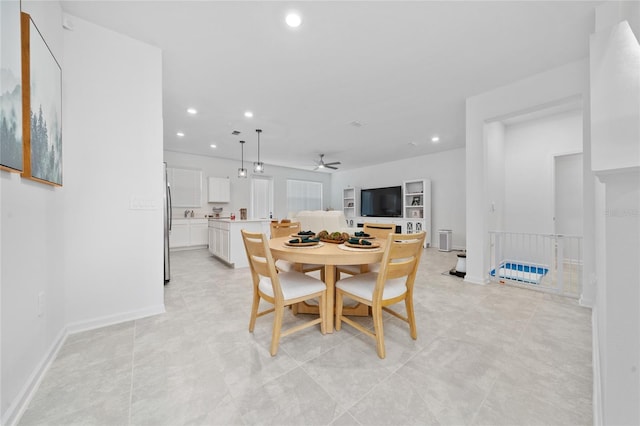 dining area featuring recessed lighting, baseboards, and ceiling fan