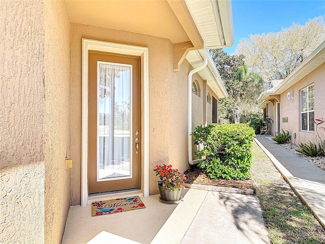 view of exterior entry featuring stucco siding