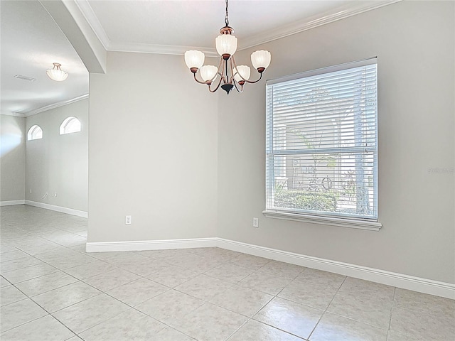 spare room featuring baseboards, a chandelier, crown molding, and light tile patterned flooring