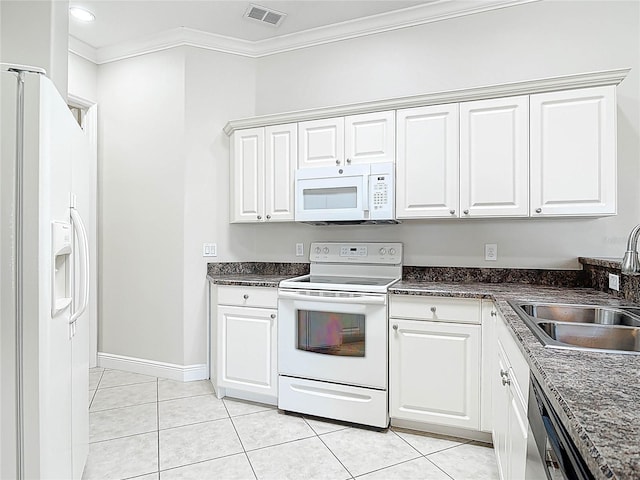 kitchen featuring light tile patterned floors, white appliances, a sink, visible vents, and crown molding