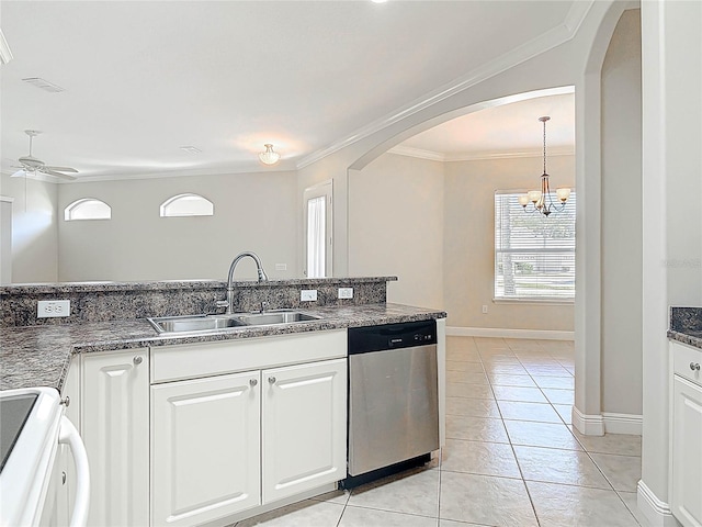 kitchen with arched walkways, stove, ornamental molding, stainless steel dishwasher, and a sink