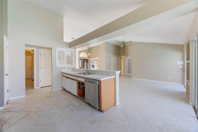 kitchen with a sink, light countertops, baseboards, dishwasher, and ceiling fan