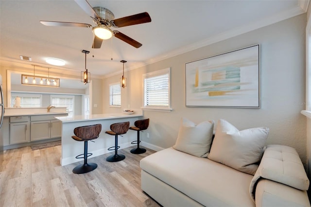 interior space featuring ornamental molding, light wood-type flooring, a kitchen bar, and a wealth of natural light