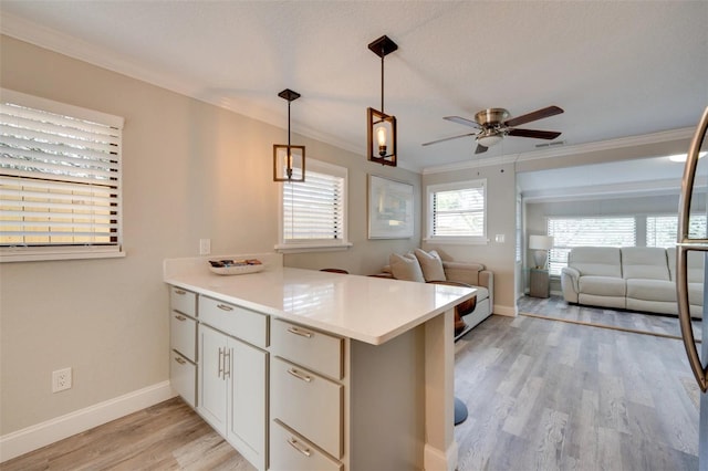 kitchen with a peninsula, light wood-style floors, ornamental molding, and open floor plan