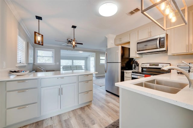 kitchen with crown molding, stainless steel appliances, visible vents, a sink, and a peninsula