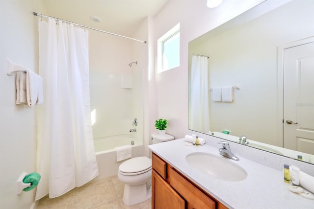 full bathroom with toilet, shower / tub combo, tile patterned floors, and vanity