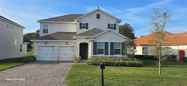 traditional-style home featuring an attached garage, a shingled roof, decorative driveway, stucco siding, and a front lawn