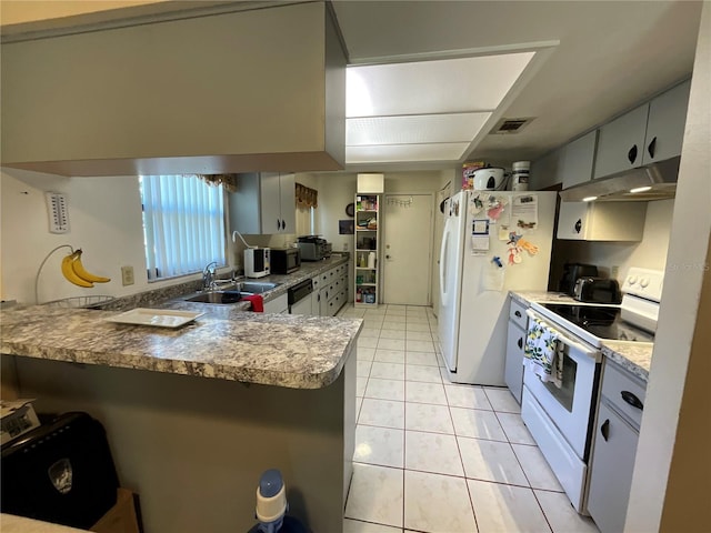 kitchen with light tile patterned flooring, a sink, a peninsula, white appliances, and under cabinet range hood