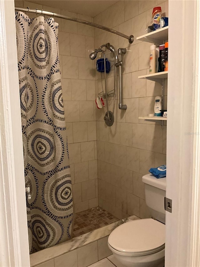 bathroom featuring a stall shower and toilet