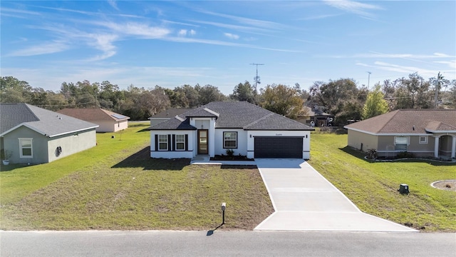 view of front facade with stucco siding, a shingled roof, a front yard, a garage, and driveway