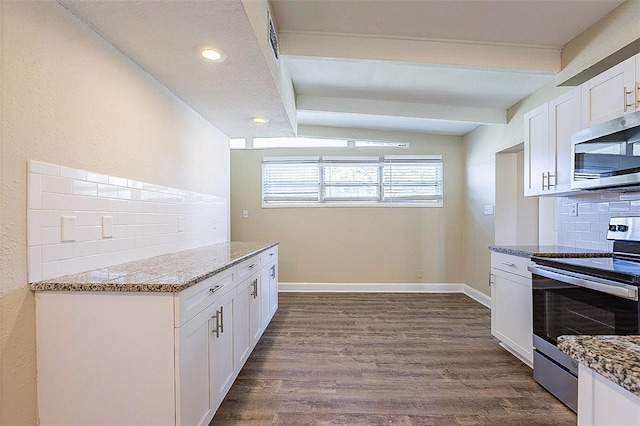 kitchen featuring baseboards, decorative backsplash, white cabinets, stainless steel appliances, and dark wood-style flooring