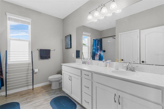 bathroom featuring double vanity, wood finished floors, a sink, and toilet