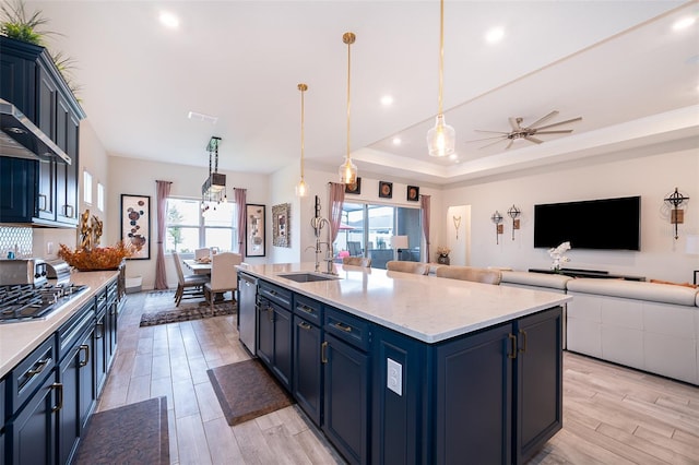 kitchen with light wood-style flooring, appliances with stainless steel finishes, open floor plan, blue cabinetry, and a sink