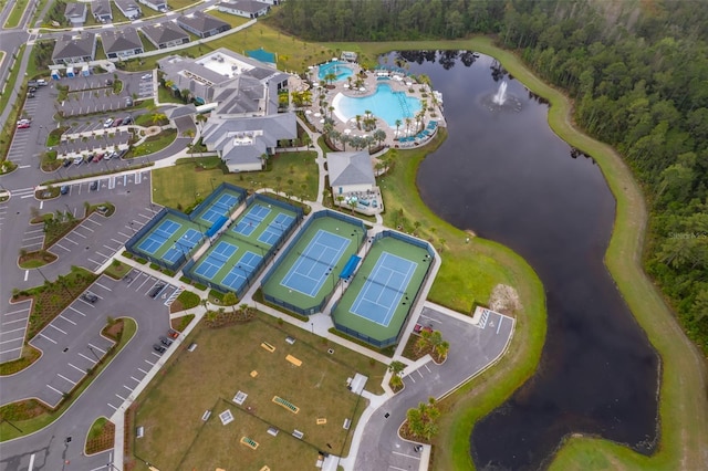 bird's eye view with a water view