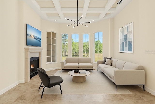 6005 Bancroft Blvd, Orlando, FL 32833 - living area with a chandelier, coffered ceiling, beam ceiling, recessed lighting, and a lit fireplace