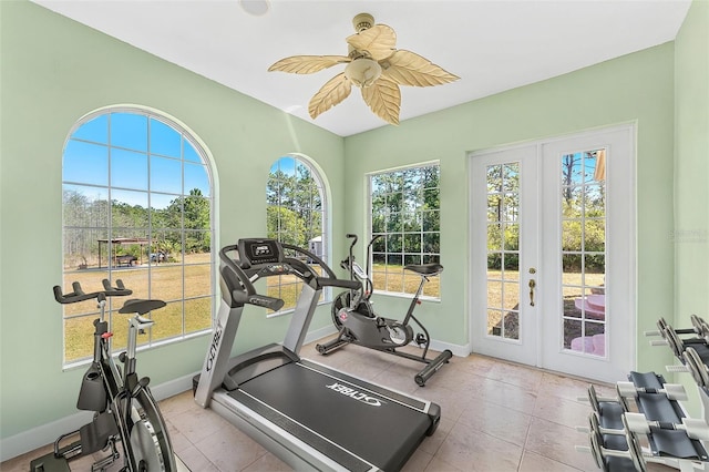 6005 Bancroft Blvd, Orlando, FL 32833 - workout room with french doors, tile patterned floors, and a ceiling fan