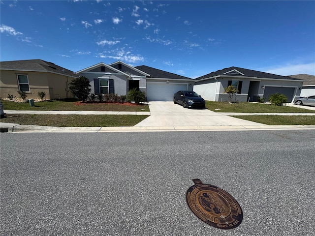 view of front of property with driveway, an attached garage, and stucco siding