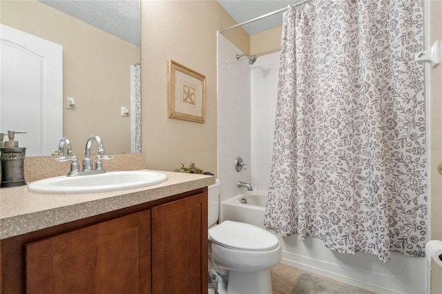 bathroom with tile patterned flooring, toilet, vanity, and shower / bathtub combination with curtain