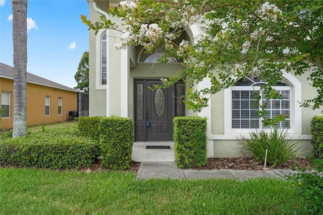 doorway to property with stucco siding